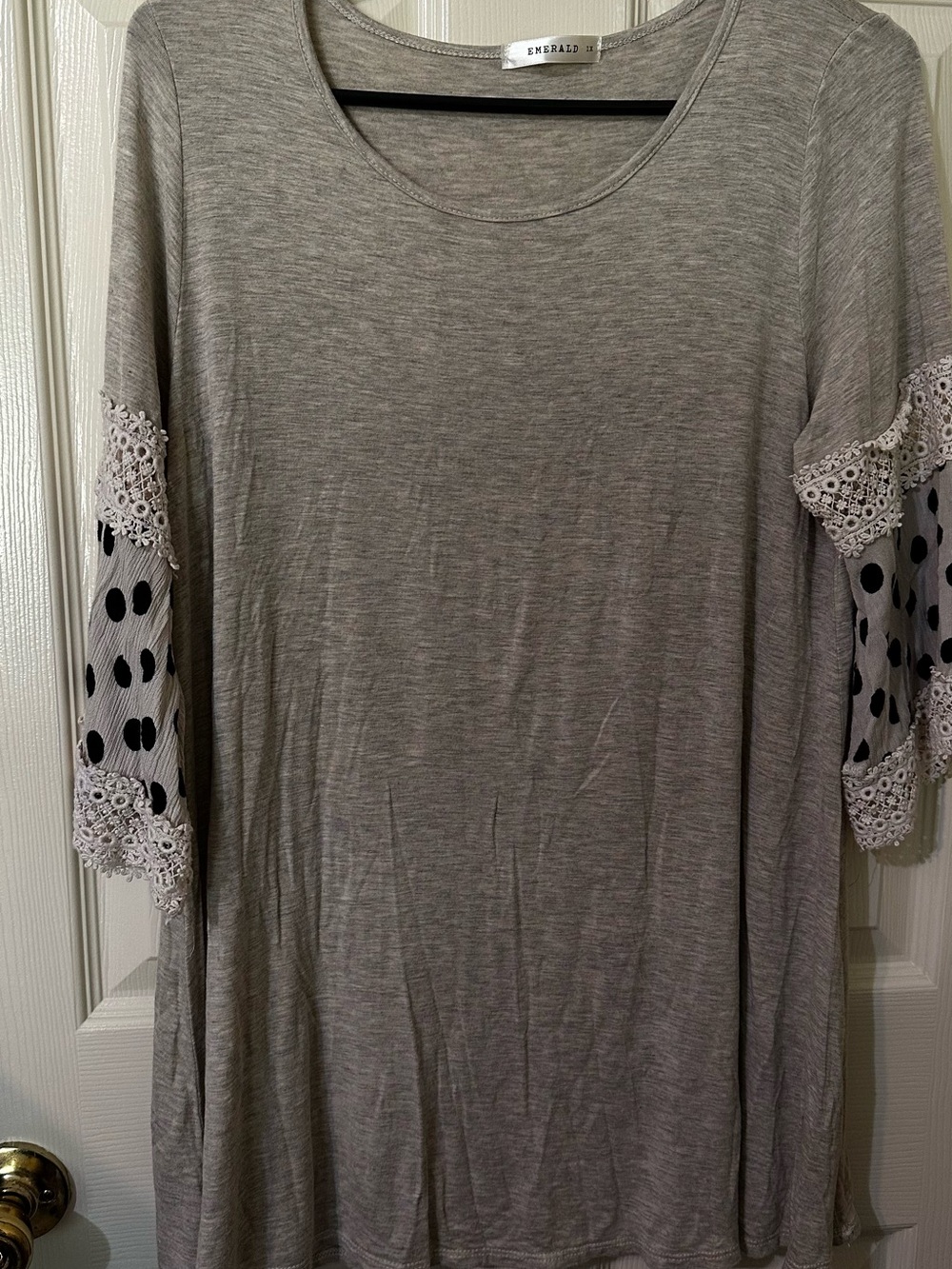Emerald Heather Gray Scoop Neck Top with Polka Dot Lace Sleeves